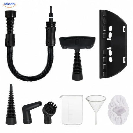 Steamora accessories with extension hose, brushes, window attachment, and filling tools