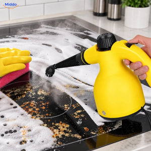 Steamora handheld steam cleaner with round brush on a cooktop
