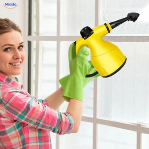 Steamora yellow handheld steam cleaner with window attachment
