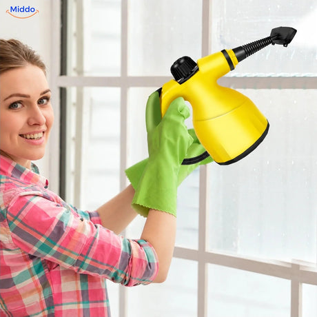 Steamora yellow handheld steam cleaner with window attachment