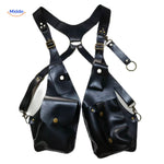 Black steampunk shoulder bag featuring hanging interior pocket design.