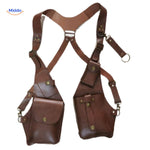 Brown steampunk shoulder bag showing hanging interior pockets and storage.