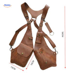 Steampunk shoulder holster bag with size measurements and dimensions shown.