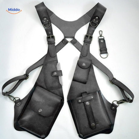 Grey steampunk shoulder bag with visible hanging interior compartments.