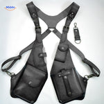 Grey steampunk shoulder bag with visible hanging interior compartments.
