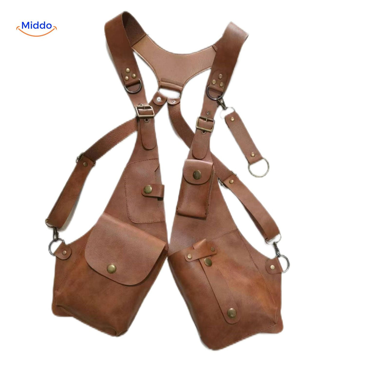 Light brown steampunk shoulder bag with organized hanging pocket storage.