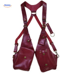 Red steampunk shoulder bag displaying hanging interior pocket system.