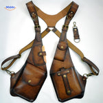 Steampunk leather bag featuring adjustable suspender design detail.