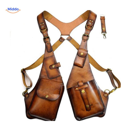 Tan and brown leather steampunk shoulder holster bag.