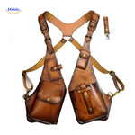 Tan and brown leather steampunk shoulder holster bag.