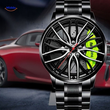 Men's automatic watch with stainless steel band and green accent details.