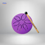 Purple steel tongue drum showing tuned numbers with beater accessory.