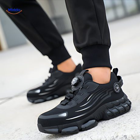 Durable black steel toe safety shoes with dial fit system for lasting protection.