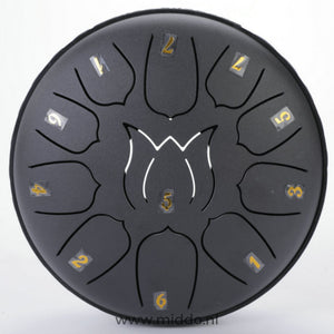 Black 15cm mini steel tongue drum handpan instrument.
