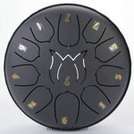 Black 15cm mini steel tongue drum handpan instrument.