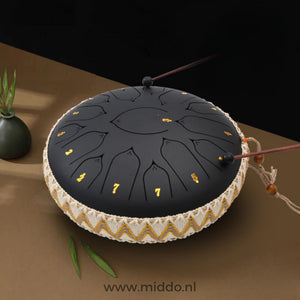 Black 33cm steel tongue drum handpan instrument.