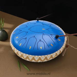 Blue 33cm steel tongue drum handpan instrument.
