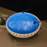 Blue 33cm steel tongue drum handpan instrument.