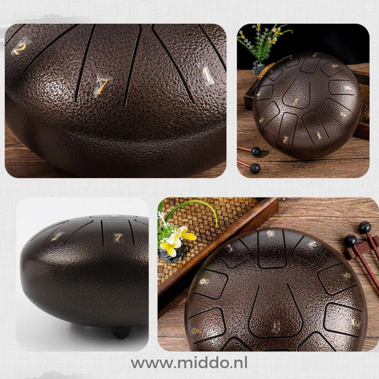 Steel tongue drum lifestyle display showcasing meditation instrument.
