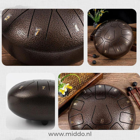 Steel tongue drum lifestyle display showcasing meditation instrument.