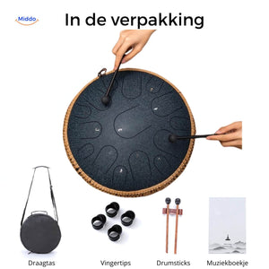 Steel tongue drum securely packed in protective gift packaging.