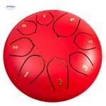 Vibrant red steel tongue drum energizing bold color selection.
