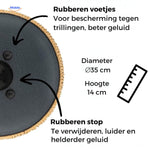Rubber feet detail on bottom of steel tongue drum for stability.