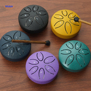Colorful steel tongue drum variety set multiple musical instruments.