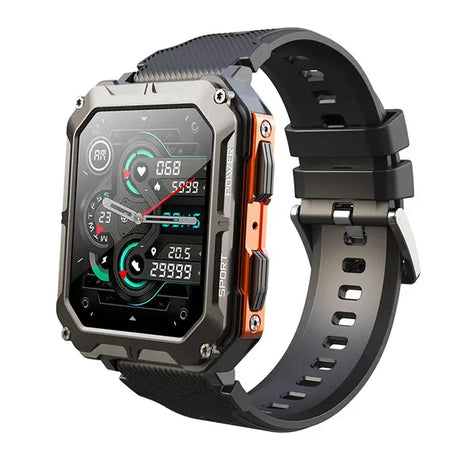 Steellink smartwatch in black and orange color combination.
