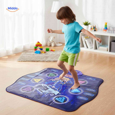 Child dancing on interactive dance mat with directional arrow prompts