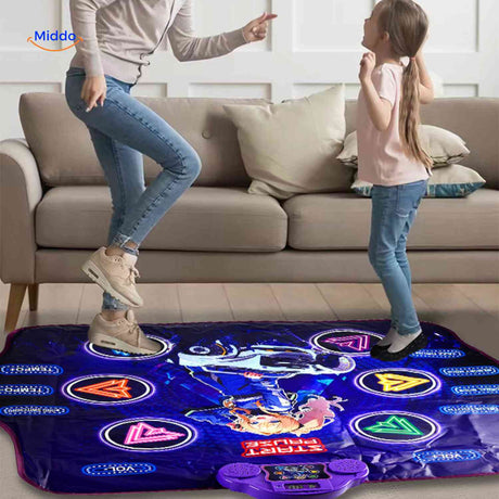 Mother and child dancing together on interactive dance mat