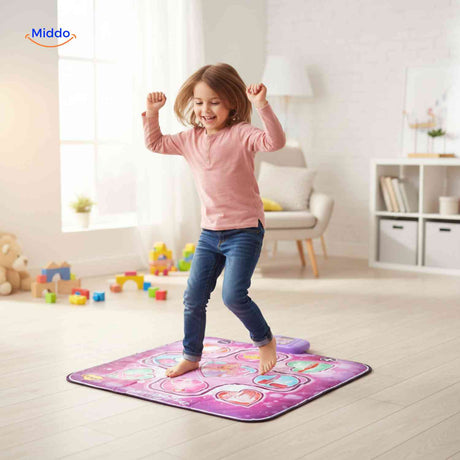 Child dancing on colorful space-themed interactive dance mat