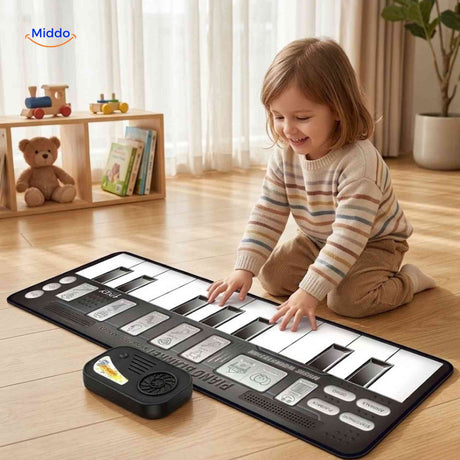 Child playing on electronic piano dance mat for active learning