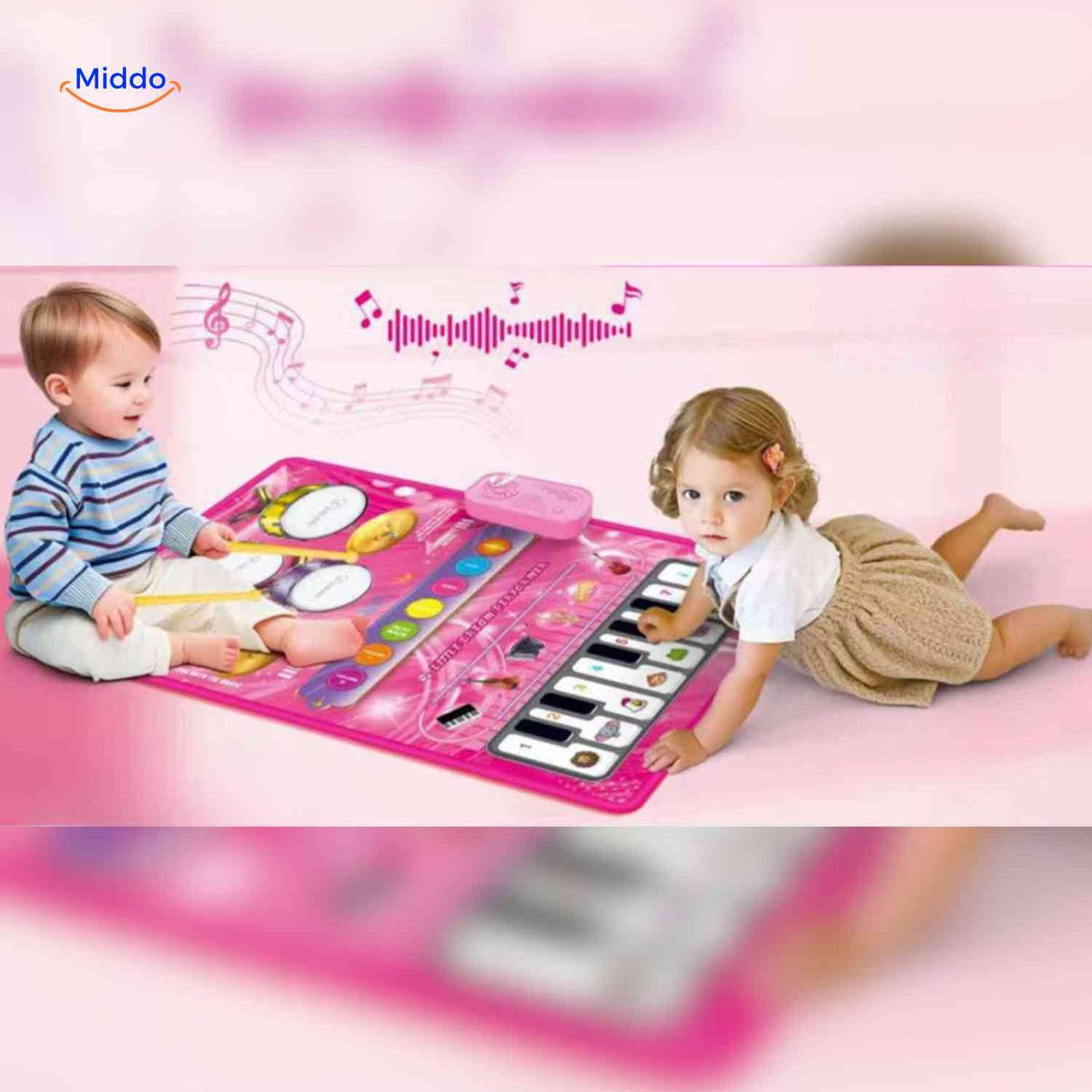 Child playing piano music mat on floor for interactive music play