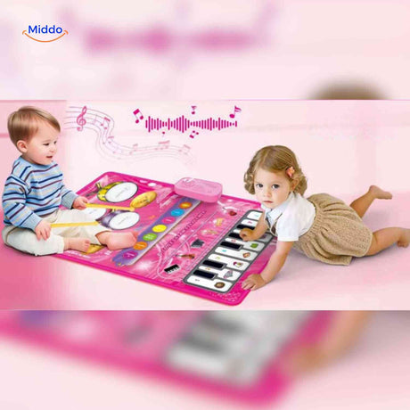 Child playing piano music mat on floor for interactive music play
