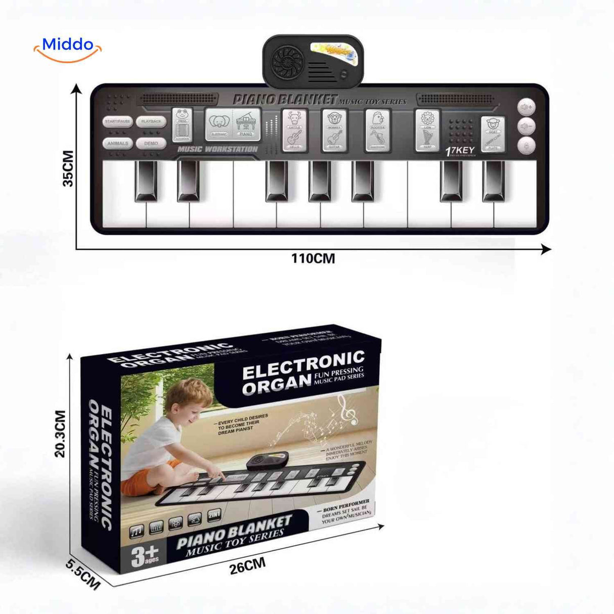 Foldable piano music mat with packaging for easy storage and travel
