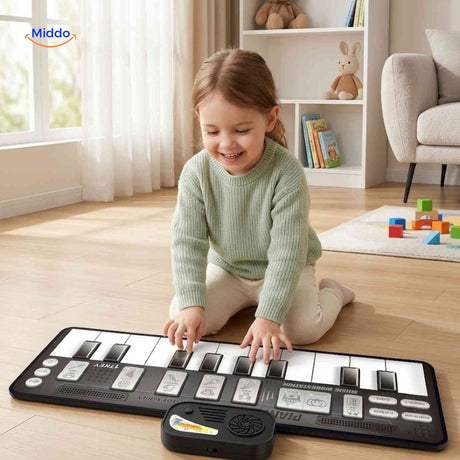 Girl playing on large piano dance mat with multiple keys
