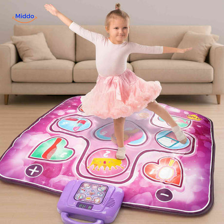 Girl actively dancing on musical interactive dance play mat
