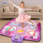 Girl actively dancing on musical interactive dance play mat