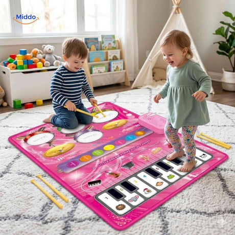 Children playing together on musical dance mat with drum and piano