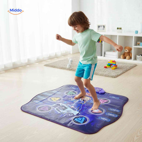 Child playing musical dance mat at home for active sensory fun