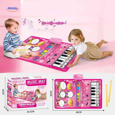 Baby playing on musical mat featuring multiple instrument sounds