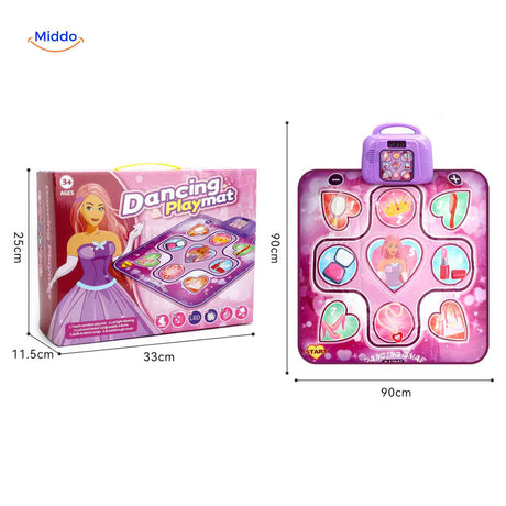 Dance mat packaging with size dimensions and product specifications