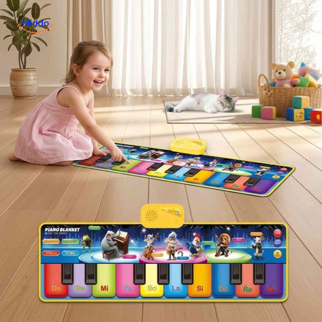 Girl playing piano keys on interactive dance mat activity