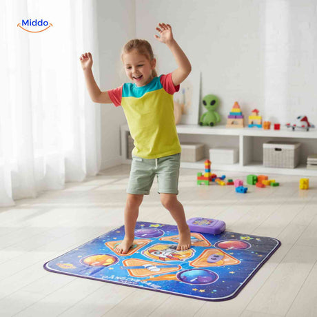 Baby playing music on dance mat with drum and piano sounds