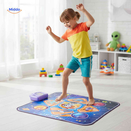 Child playing on space-themed interactive dance and music mat