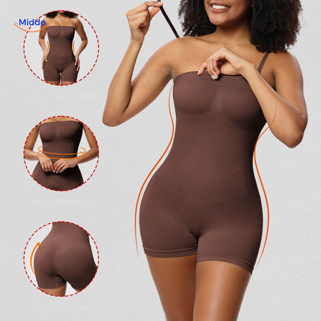 Strapless body-shaping bodysuit in warm brown with sleek contouring lines.