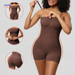 Strapless body-shaping bodysuit in warm brown with sleek contouring lines.