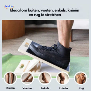 Adjustable stretch board with non-slip surface for deep calf, ankle, knee and back stretching.