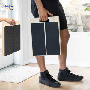 Portable stretch board with easy-grip handle for transport and convenient home storage.